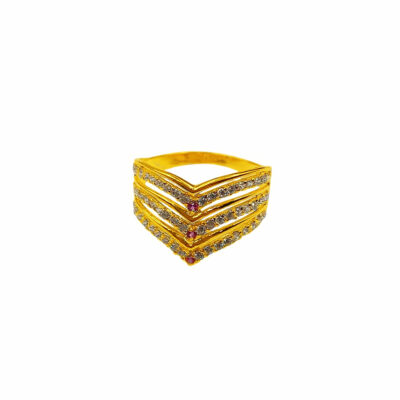 916 Gold 3 Layer V Ring ( Red And White Zirconia )