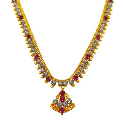 916 Gold Dangle Bombay White & Red Zirconia Necklace