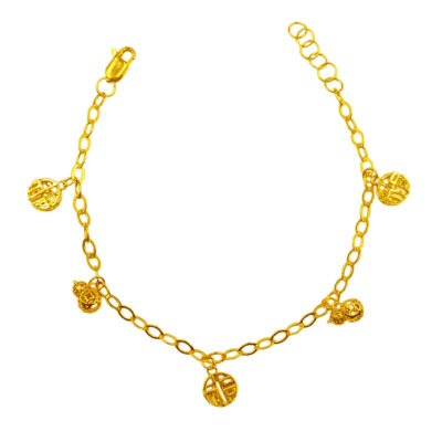 916 Gold Dangling Coin Hulu Gourd And Prosperity福 Bracelet