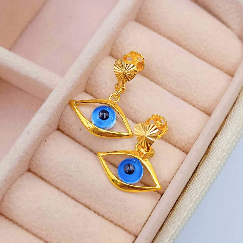 916 Gold Dangle Anti Evil Eye Stud Earrings (Heart)