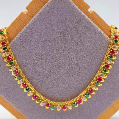 916 Gold Bombay White & Red & Green Zirconia Necklace