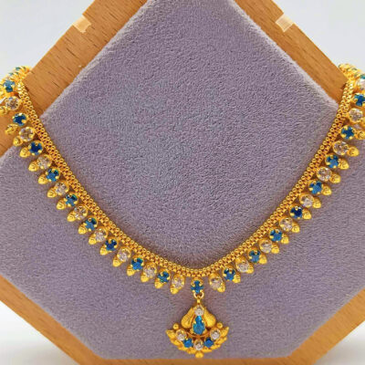 916 Gold Dangle Bombay White & Blue Zirconia Necklace