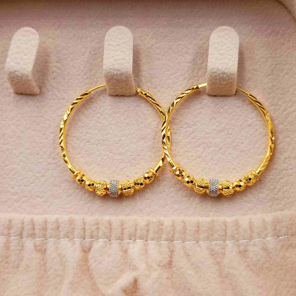 916 Gold Two Tone Ball Hoop Earrings - Image 2