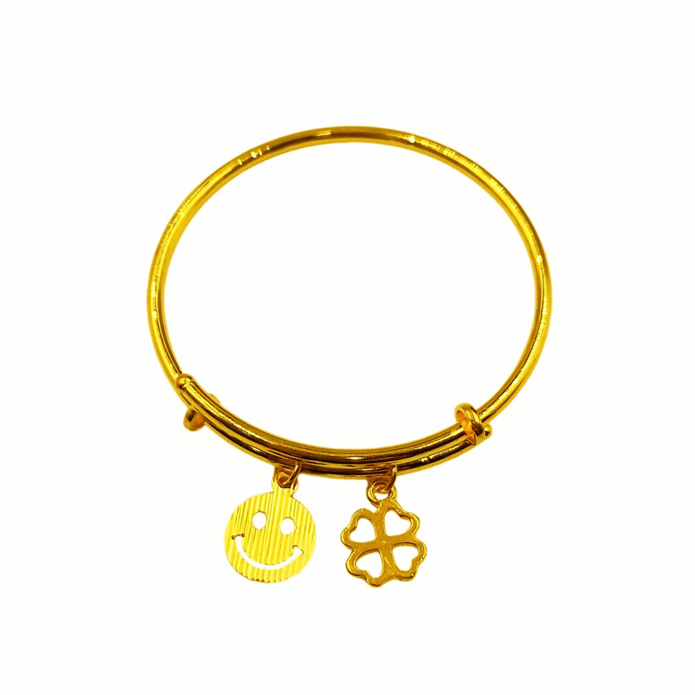 916 Gold Dangling Smiley & Clover Baby Bangle ( Adjustable )