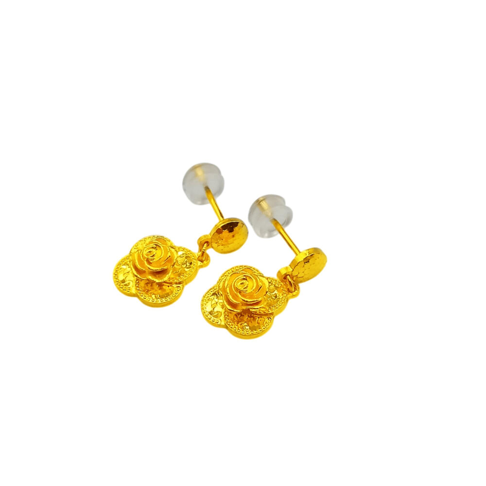 999 Pure Gold Dangling Bling Bling Rose Stud Earrings