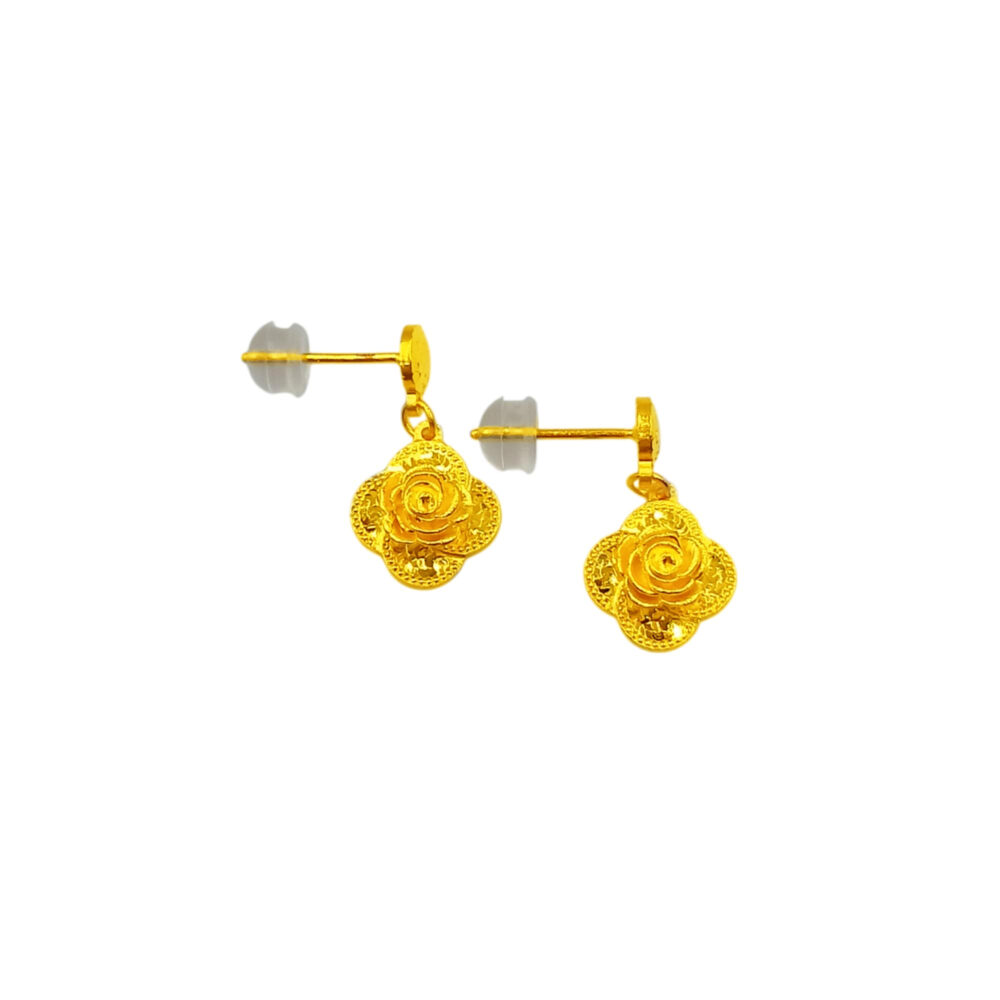 999 Pure Gold Dangling Bling Bling Rose Stud Earrings - Image 3