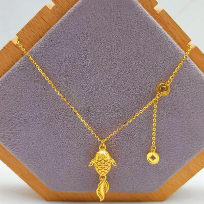 999 Pure Gold Golden Fish with Dangling Coin Polo Necklace