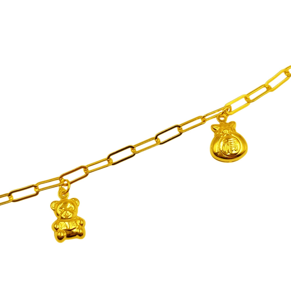 916 Gold Dangling Charms Paperclip Baby Anklet ( Car, Teddy Bear , Bell ) - Image 2