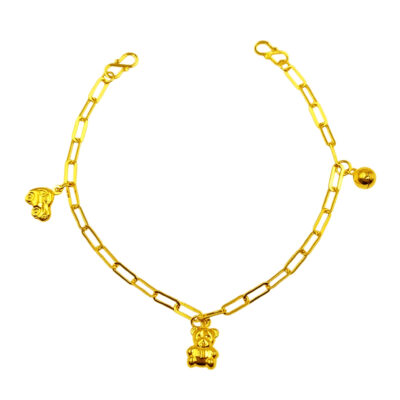 916 Gold Dangling Charms Paperclip Baby Anklet ( Car, Teddy Bear , Bell )