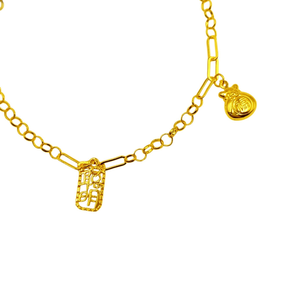 916 Gold Dangling Charms Baby Anklet (Bell , Intelligence 聪明, Lucky Bag) - Image 2