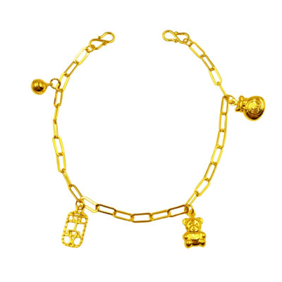 916 Gold Dangling Charms Baby Anklet (Bell , Harmony 平安 ，Teddy Bear , Lucky Bag)