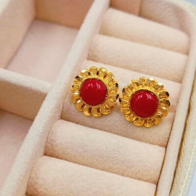 916 Gold Bombay Coral Stud Earrings