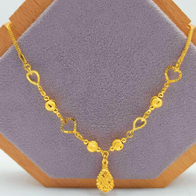 916 Gold Dangling Waterdrop With Ball And Heart Fox Tail Chain Necklace