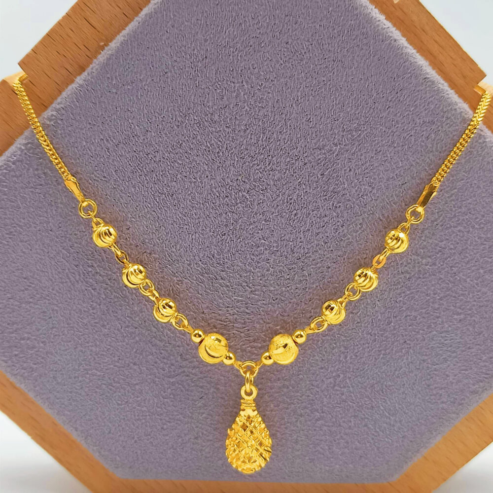 916 Gold Dangling Waterdrop With Ball Fox Tail Chain Necklace