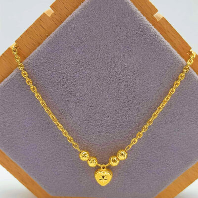 916 Gold Dangling Sandy Heart with Ball Hollow Link Necklace