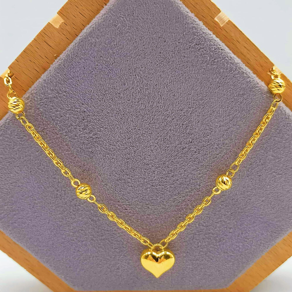 916 Gold Dangling Plain Heart with Ball Hollow Link Necklace