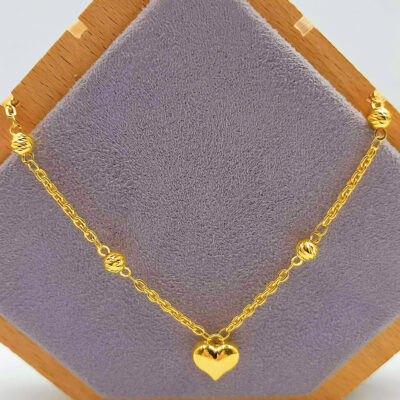 916 Gold Dangling Plain Heart with Ball Hollow Link Necklace