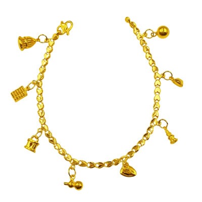 916 Gold Dangling 8 Charm Casting Heart Bracelet