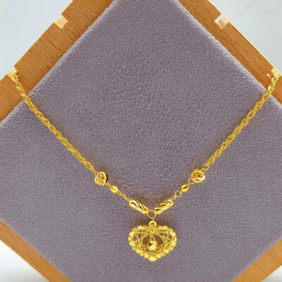 916 Gold Hollow Rope Dangling Heart with Fancy Ball Tube Necklace