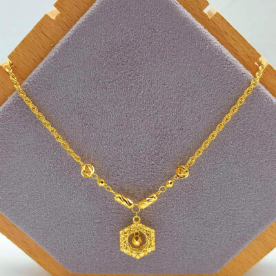 916 Gold Hollow Rope Dangling Hexagon with Fancy Ball Tube Necklace